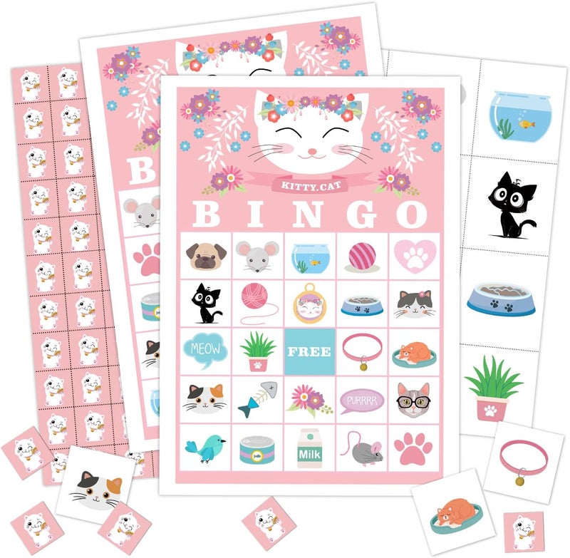 Qssfdgg Cat Floral Bingo Cards, 24 Player Kitty Party Bingo Game for Family Adult, Kitten Party Favor, Large Group Party Celebration Activity -06 - Image 1